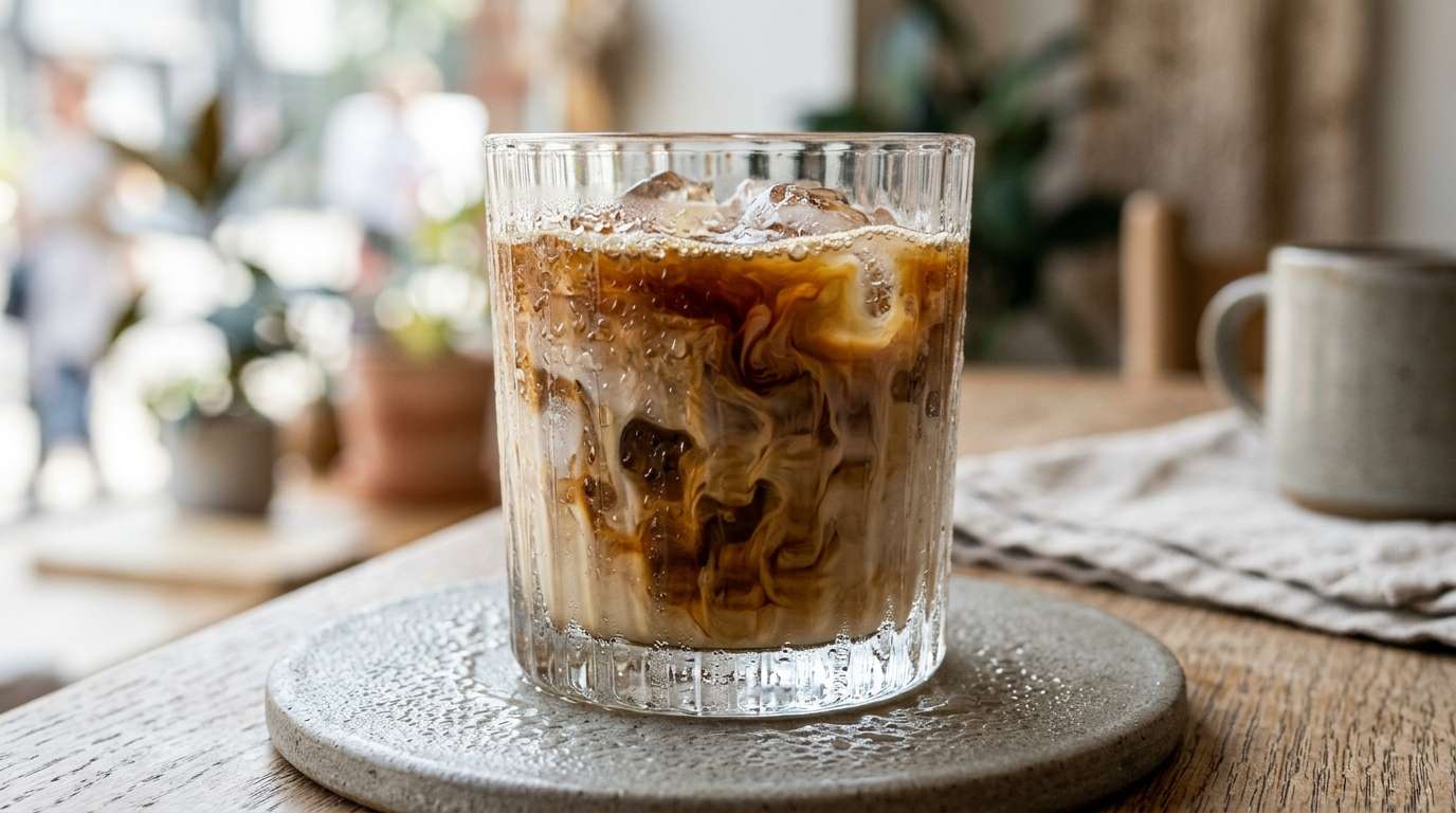 Tall iced latte with condensation, cold foam, deep blue aesthetic café setting, golden straw, cinematic overhead shot
