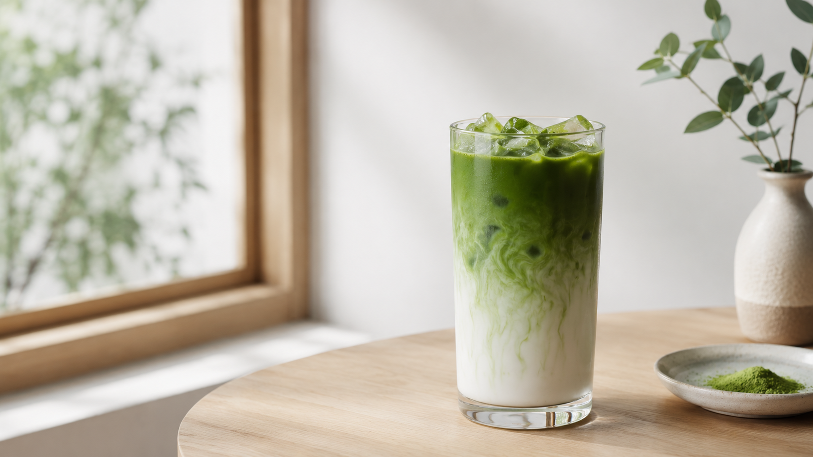 Iced matcha latte with distinct green-over-white milk gradient in a tall glass, minimalist café table, bright airy Pinterest-style composition
