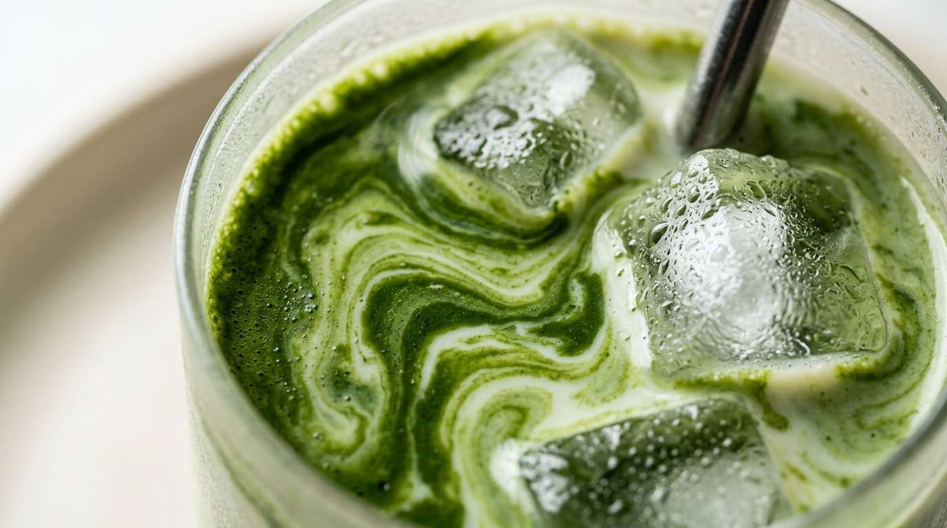 Iced matcha pour into glass — green sinking through white milk in slow marbled clouds