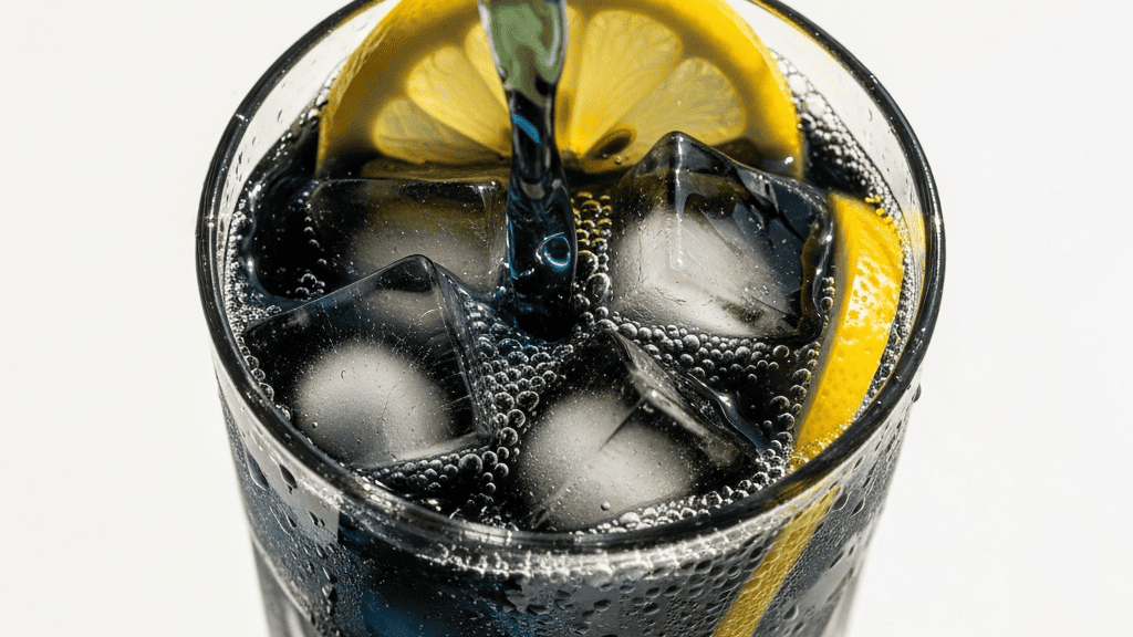 Jet-black activated charcoal latte or lemonade in a clear glass with dramatic contrast