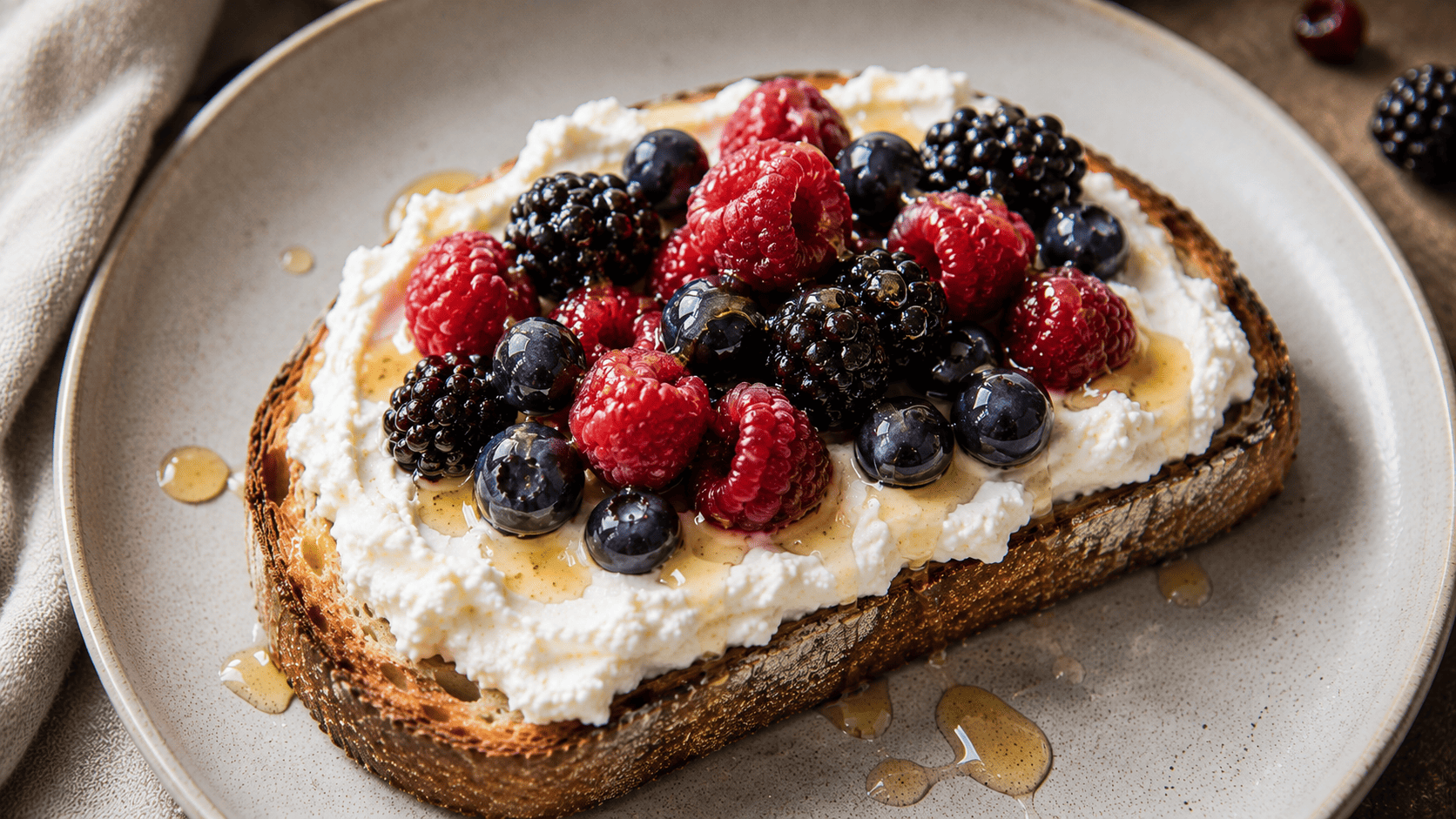 Light, mousse-like whipped ricotta toast topped with mixed berries and honey drizzle