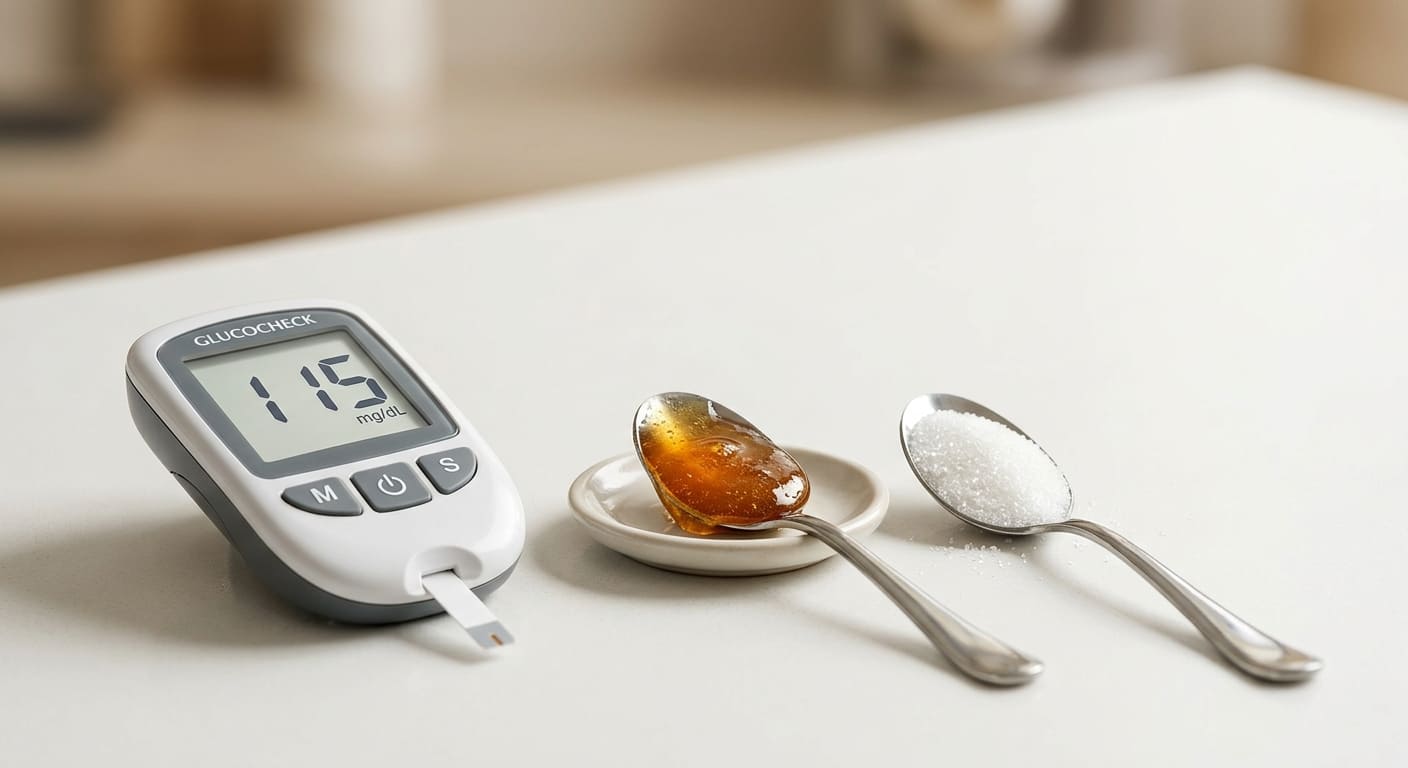 Line graph mockup or styled photo of a glucose monitor beside a spoon of honey and a spoon of sugar