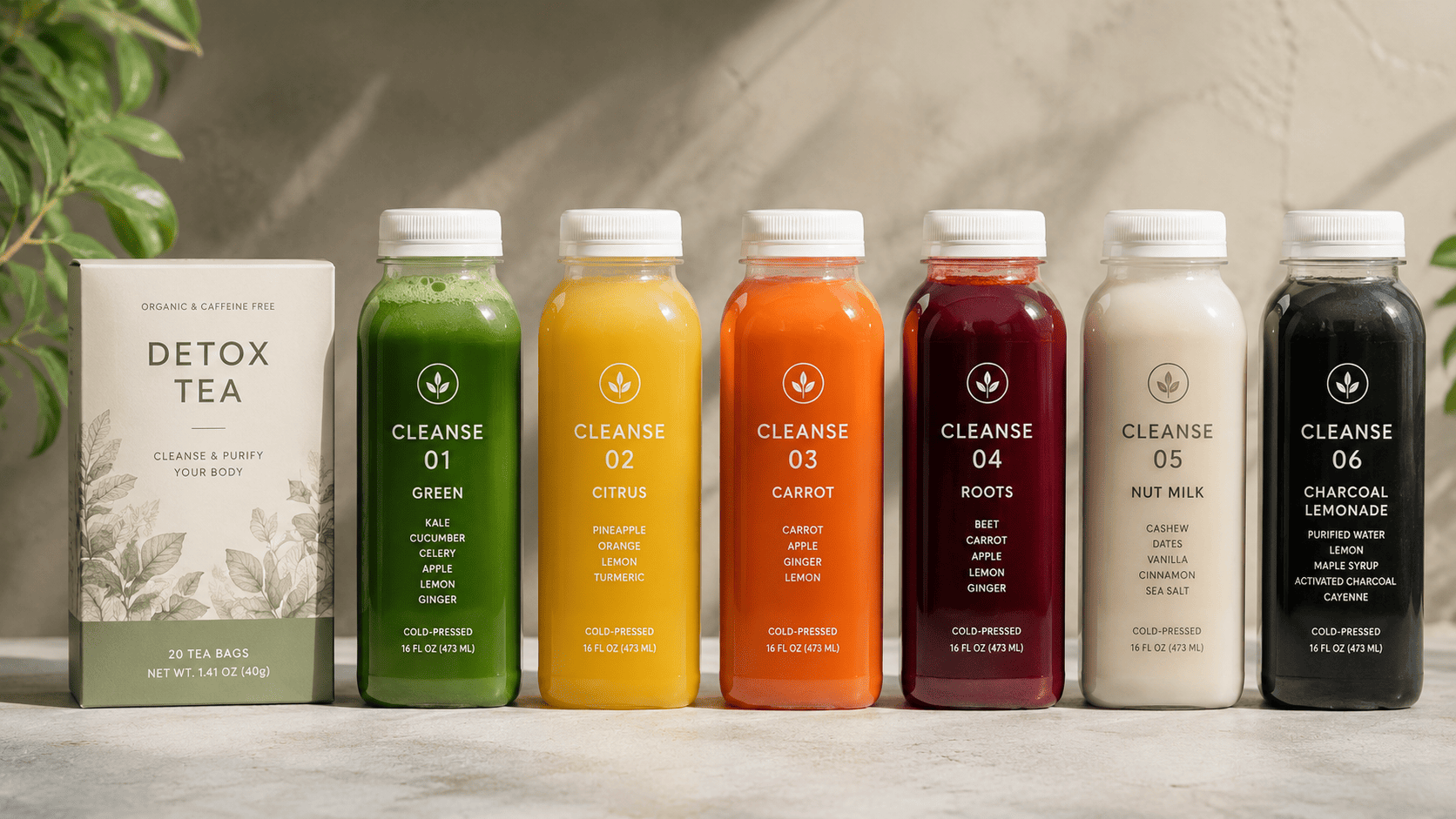 Lineup of a detox tea box and colorful cold-pressed juice cleanse bottles