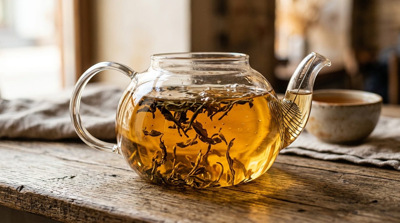 Flat lay of loose-leaf tea, brass mesh infuser, French press, and fresh herbs on aged wood — warm autumn-toned editorial photography