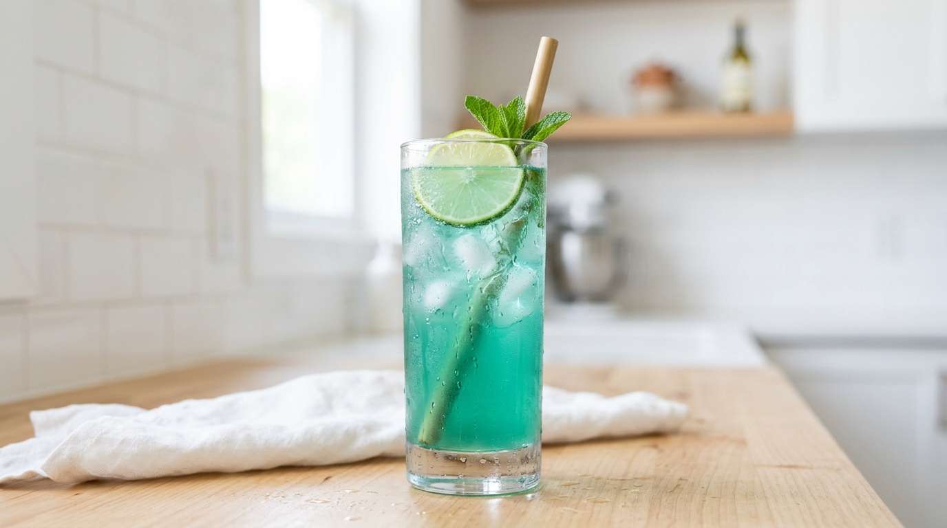 Macro close-up of ice cubes in a glass, light refracting through them, teal and white tones