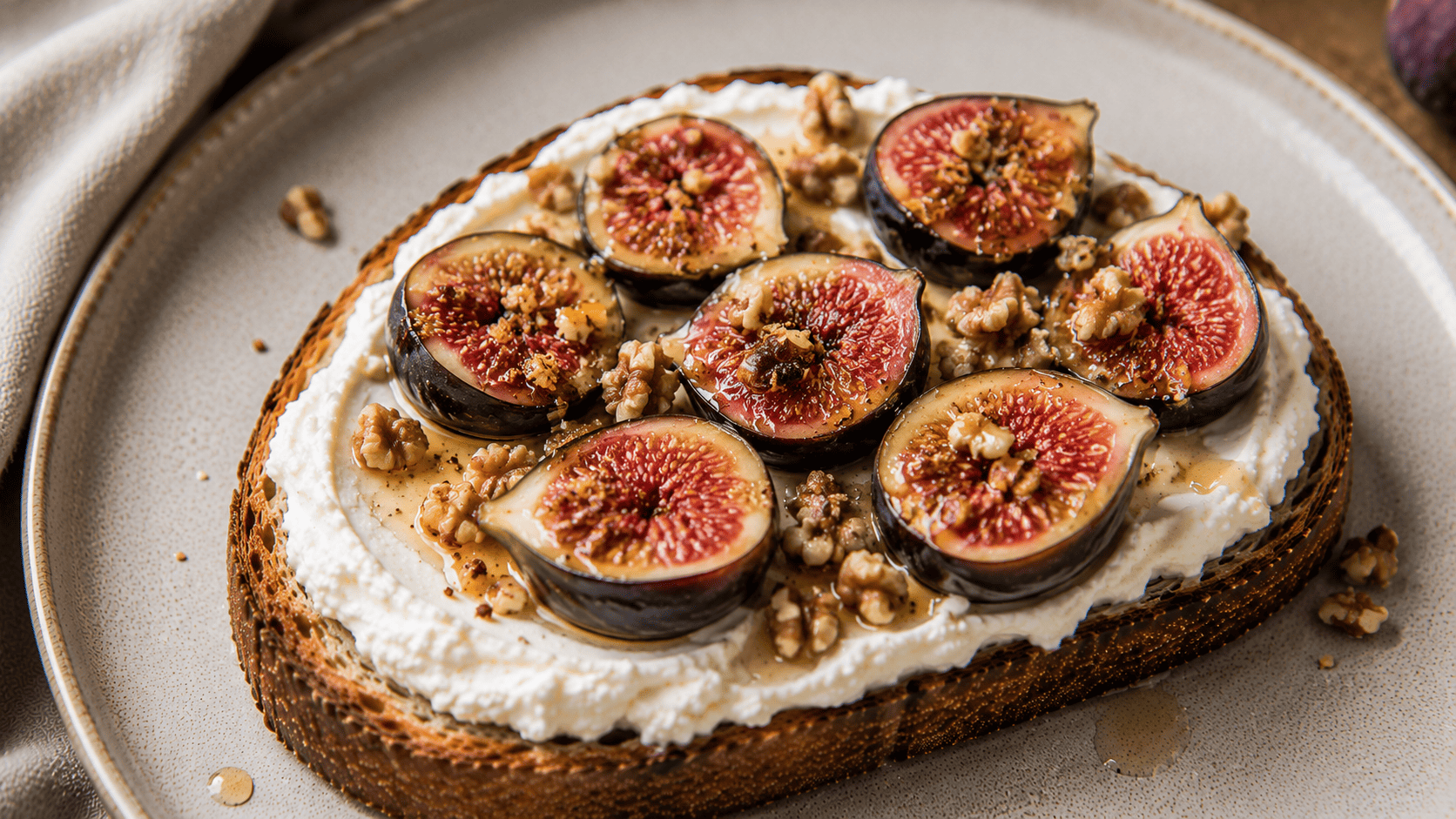 Mascarpone toast with fig halves pressed in cut-side up and crushed walnuts