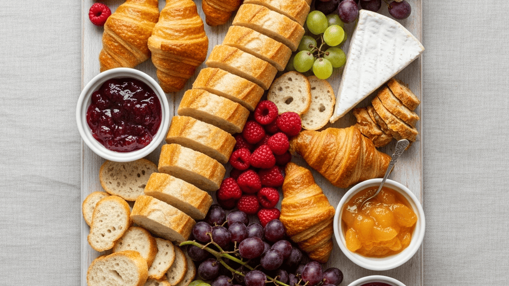 The Classic Continental brunch board — mini croissants, sliced baguette, a brie wedge, little bowls of jam, grapes and berries on a wooden board in soft morning light