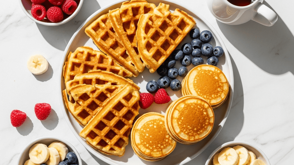 Pancake and waffle board — mini pancakes and quartered waffles fanned out with bowls of berries, banana coins, whipped cream, a jug of syrup and a powdered-sugar dusting