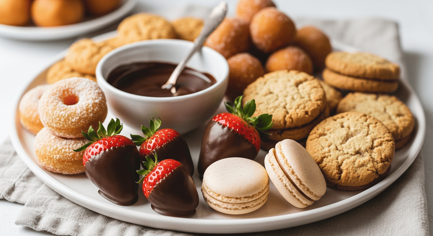 Dessert brunch board — mini pastries, doughnut holes, chocolate-dipped strawberries, macarons, cookies and a little bowl of melted chocolate for dipping