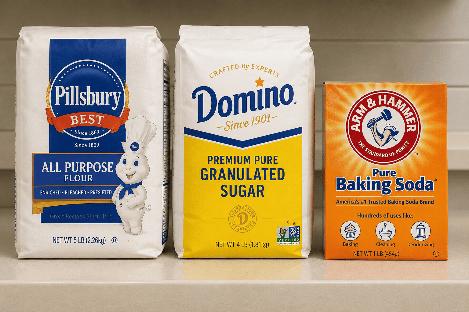 Name-brand and plain store-brand bags of flour, sugar and baking soda lined up side by side