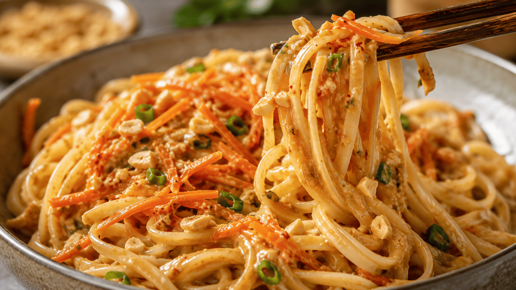 Noodles tossed in glossy peanut sauce with shredded carrot on top, chopsticks lifting a bite, close-up texture shot