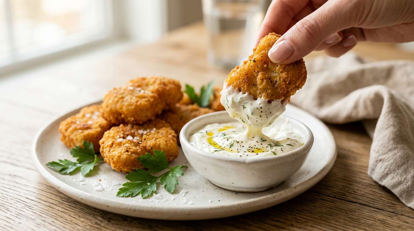 Crispy nuggets being dipped into creamy Greek yogurt ranch dip