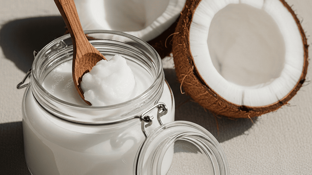 Open jar of solid white coconut oil with a spoon and fresh coconut halves