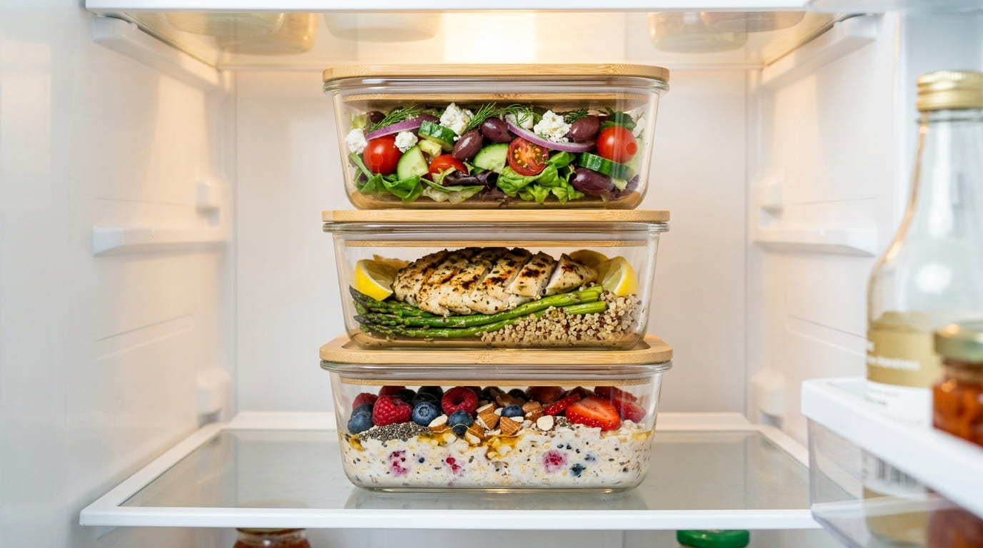 Organized fridge with labeled meal prep containers, warm editorial photography