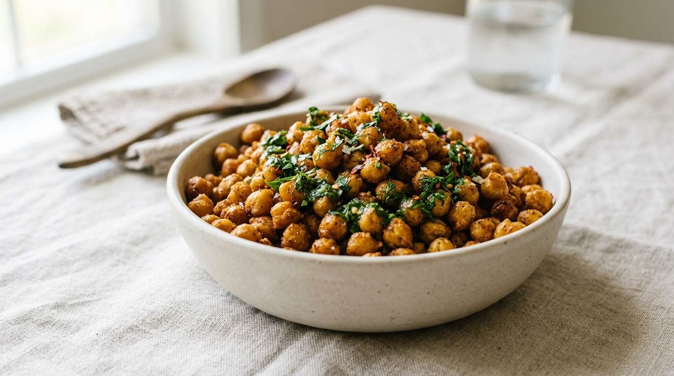 Overhead ceramic bowl of crispy spiced chickpeas with herb oil drizzle, warm golden tones, minimal styling on a linen surface