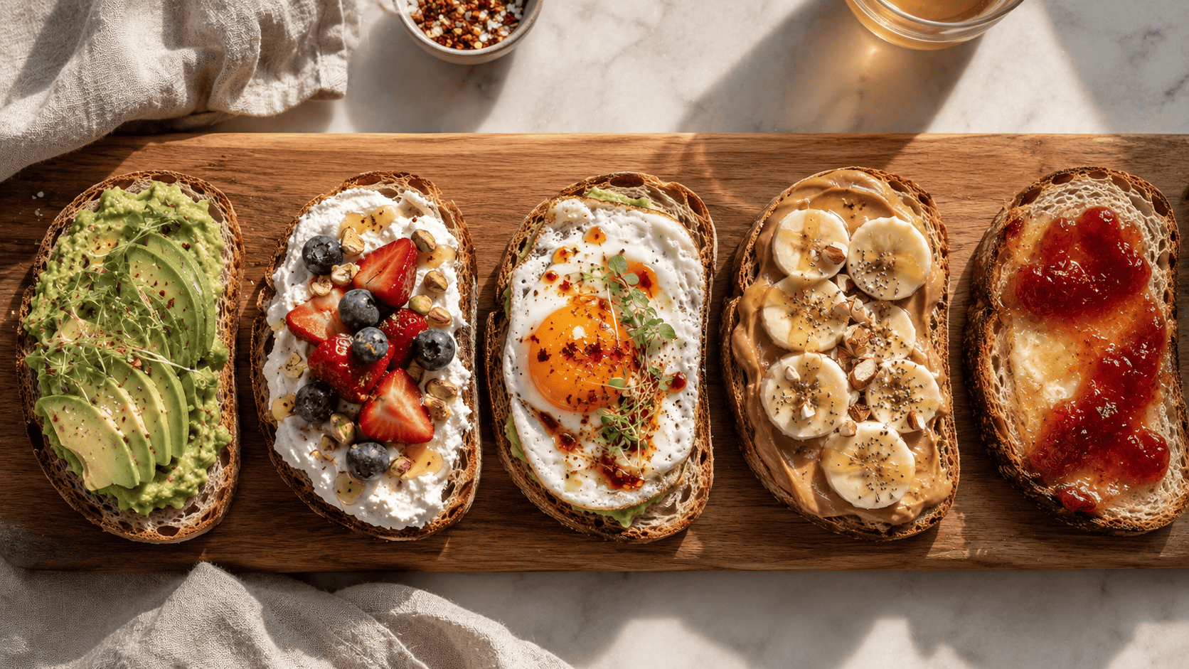 Overhead flat-lay of five finished toasts in a row: avocado, whipped ricotta with berries, fried egg and chili oil, peanut butter and banana, jammy butter, warm morning light on a wooden board