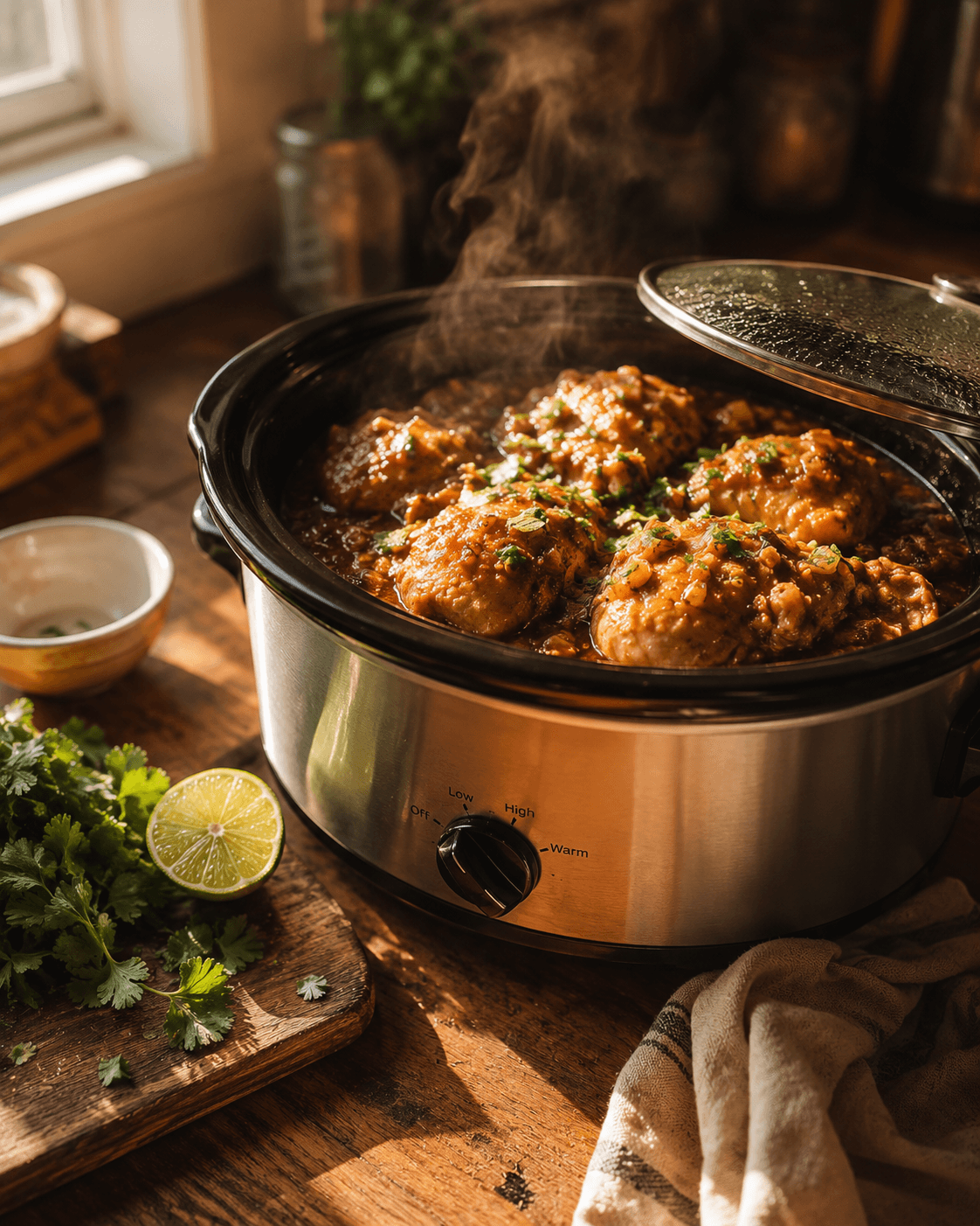 Overhead shot of a bubbling crockpot, steam rising, fresh herbs scattered on the side, golden hour kitchen light