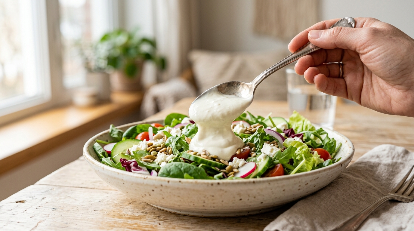 Overhead shot of a spoon lifting thick, glossy Greek yogurt dressing over a bright green salad in soft natural light