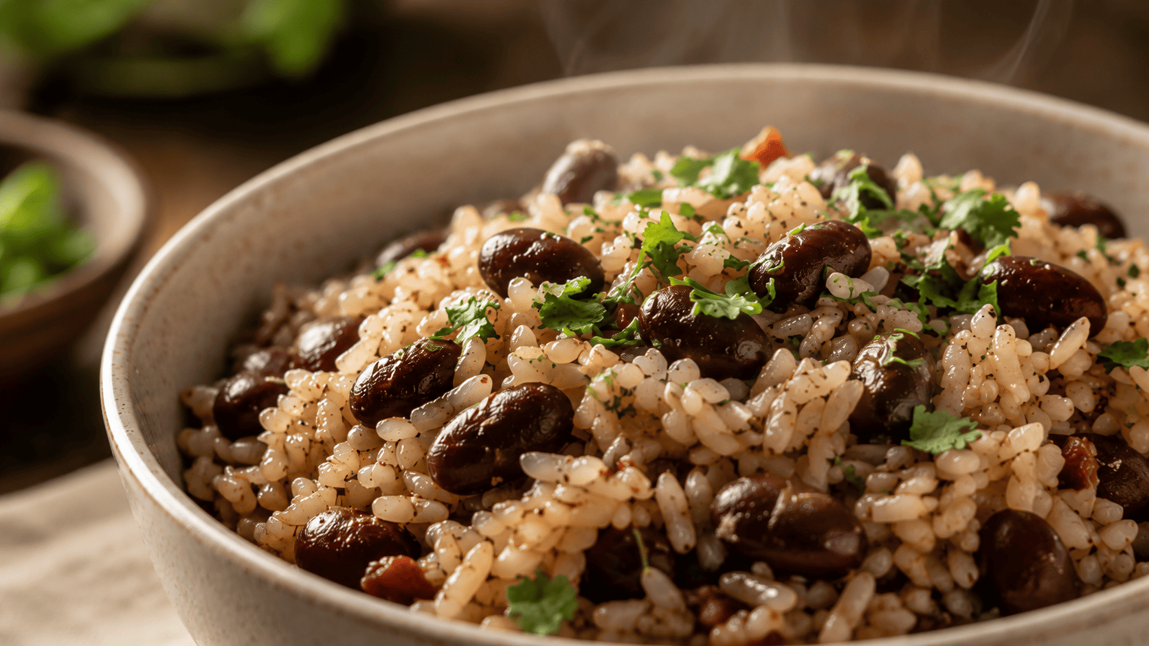 Overhead shot of a worn wooden table, a handwritten grocery receipt, a few coins, and a steaming bowl of beans and rice in warm side light
