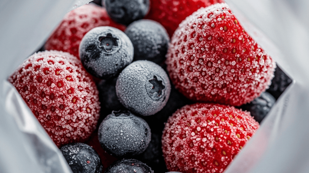 Pale out-of-season berries in a clamshell beside a vibrant bag of frozen mixed berries
