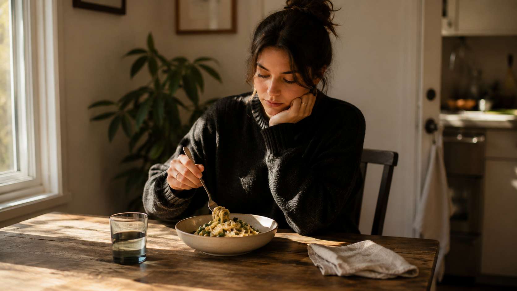 Person eating alone, thoughtful expression, simple meal, warm natural window light — editorial documentary style