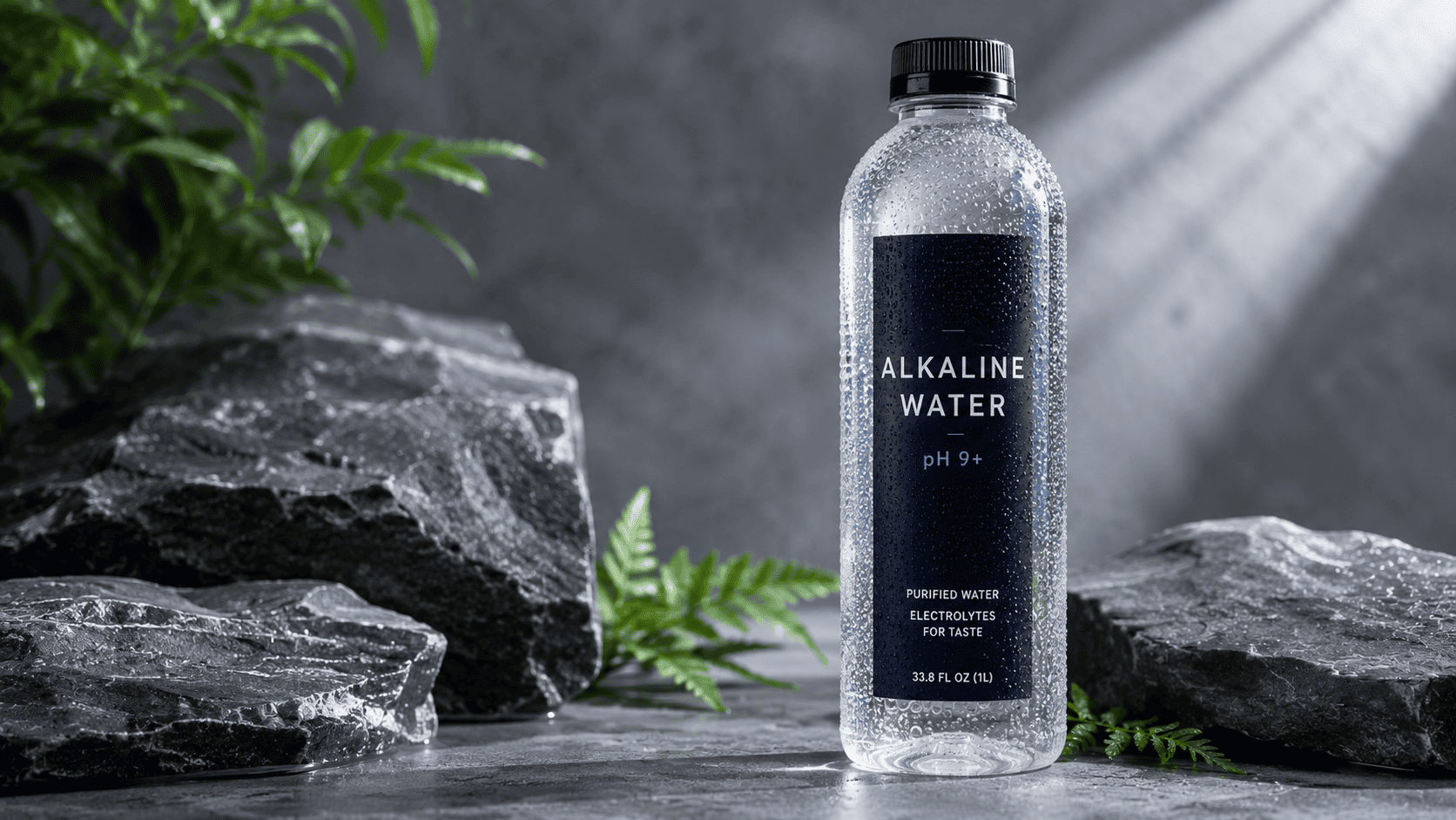 Premium bottled alkaline water with a visible pH 9+ label and condensation on the bottle