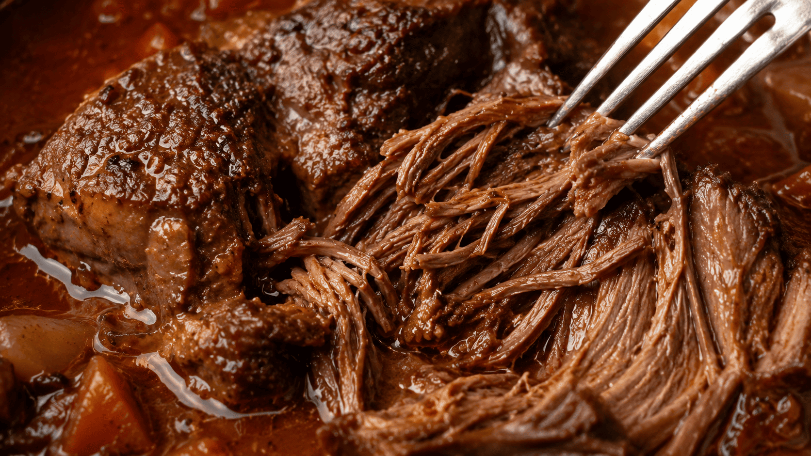 Braised beef chuck roast shredding apart with a fork