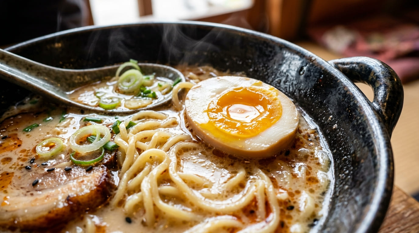 Ramen-style noodle bowl with golden bone broth, soft-boiled egg, scallions, moody studio lighting, steam visible