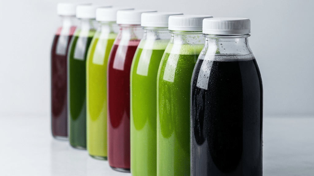 Row of green juice bottles and a charcoal-black drink on a marble counter with condensation under cool clinical light