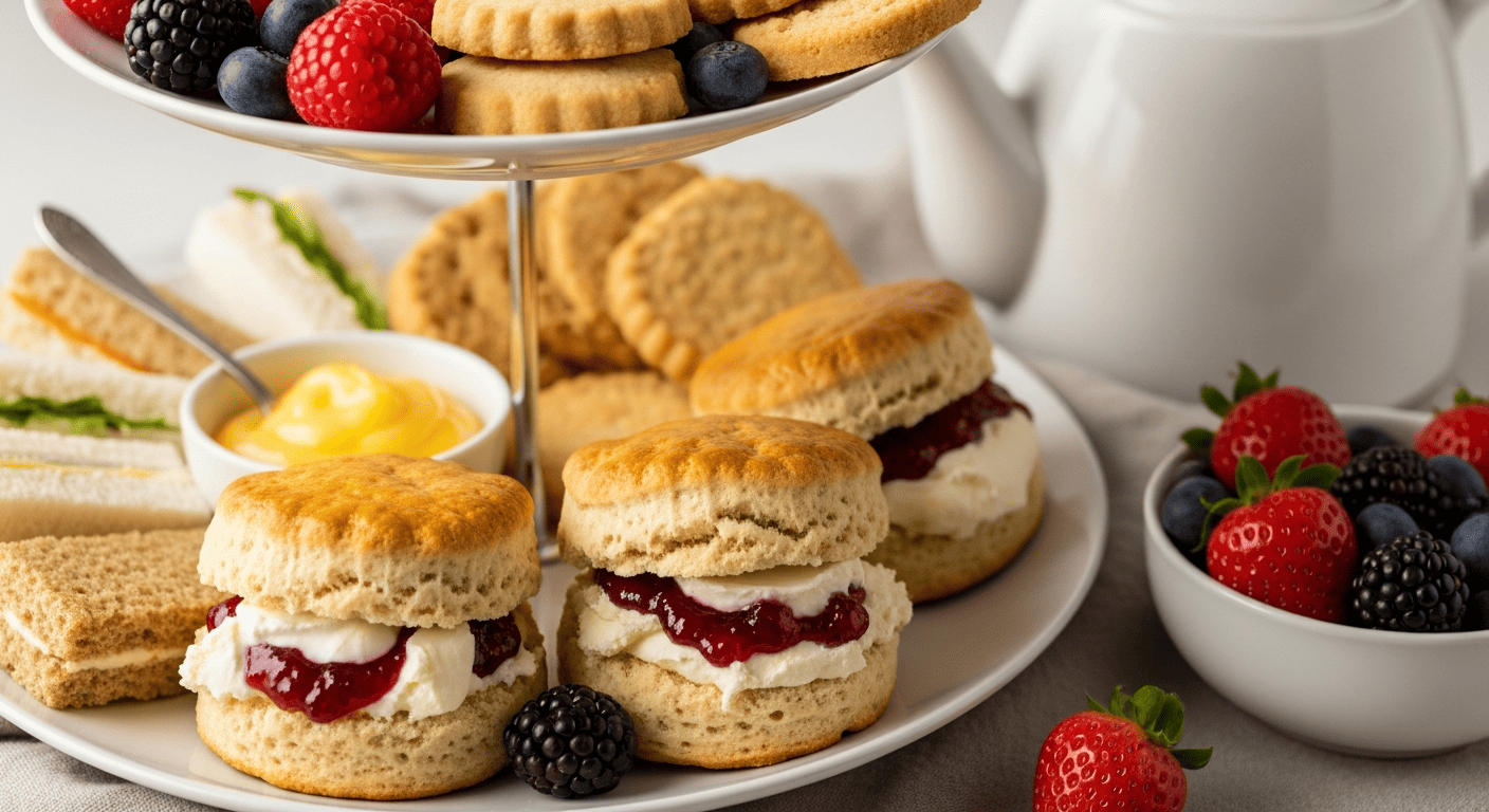 Afternoon-tea brunch board — scones with clotted cream and jam, tiny finger sandwiches, shortbread, berries and lemon curd beside a teapot