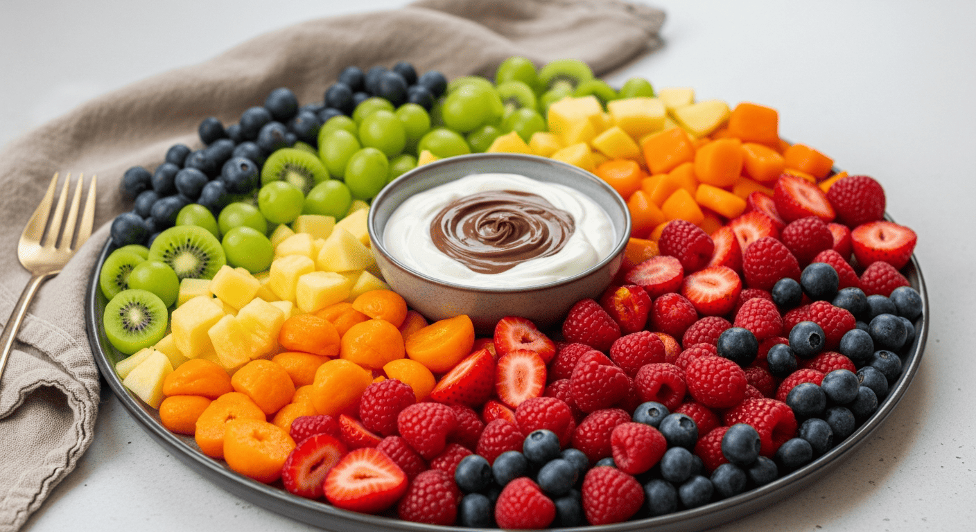 Five-minute fruit board — seasonal fruit arranged in color blocks into a rainbow gradient with a central bowl of yogurt dip or chocolate-hazelnut spread