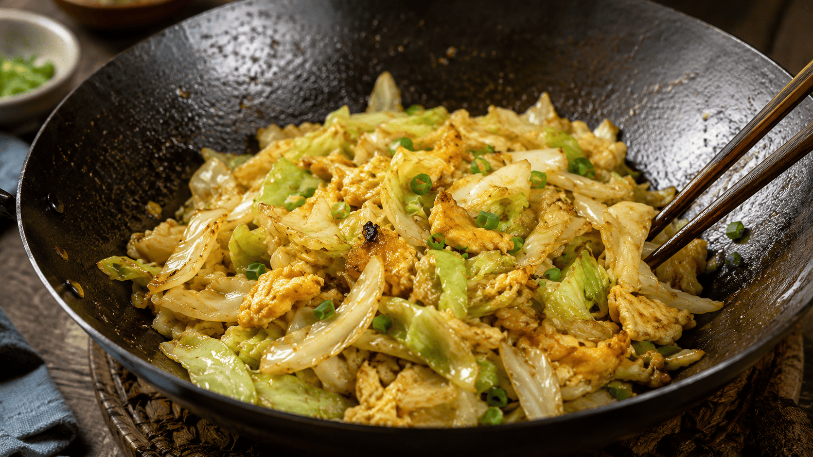 Shredded cabbage and egg stir-fried in a wok, glossy and lightly charred at the edges, chopsticks resting on the rim