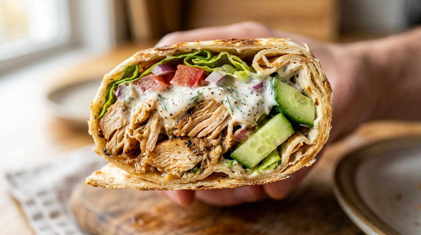 Shredded chicken wrap cut in half with yogurt sauce, cucumber and herbs, bright midday light