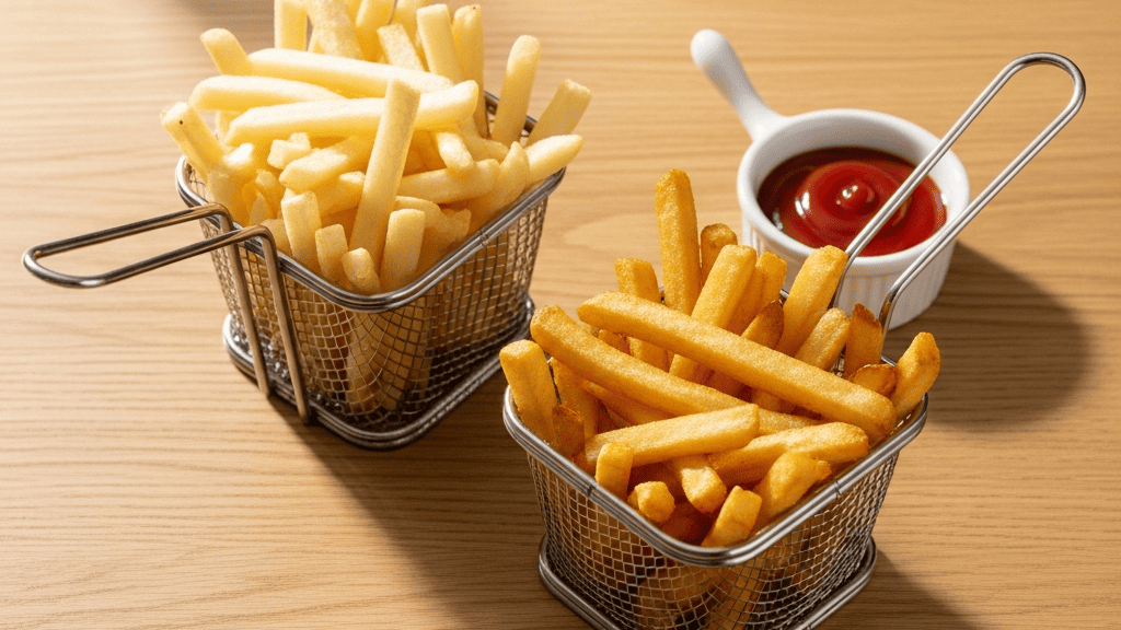 Side by side comparison of a packed, overlapping basket of pale fries versus a single-layer basket of golden ones