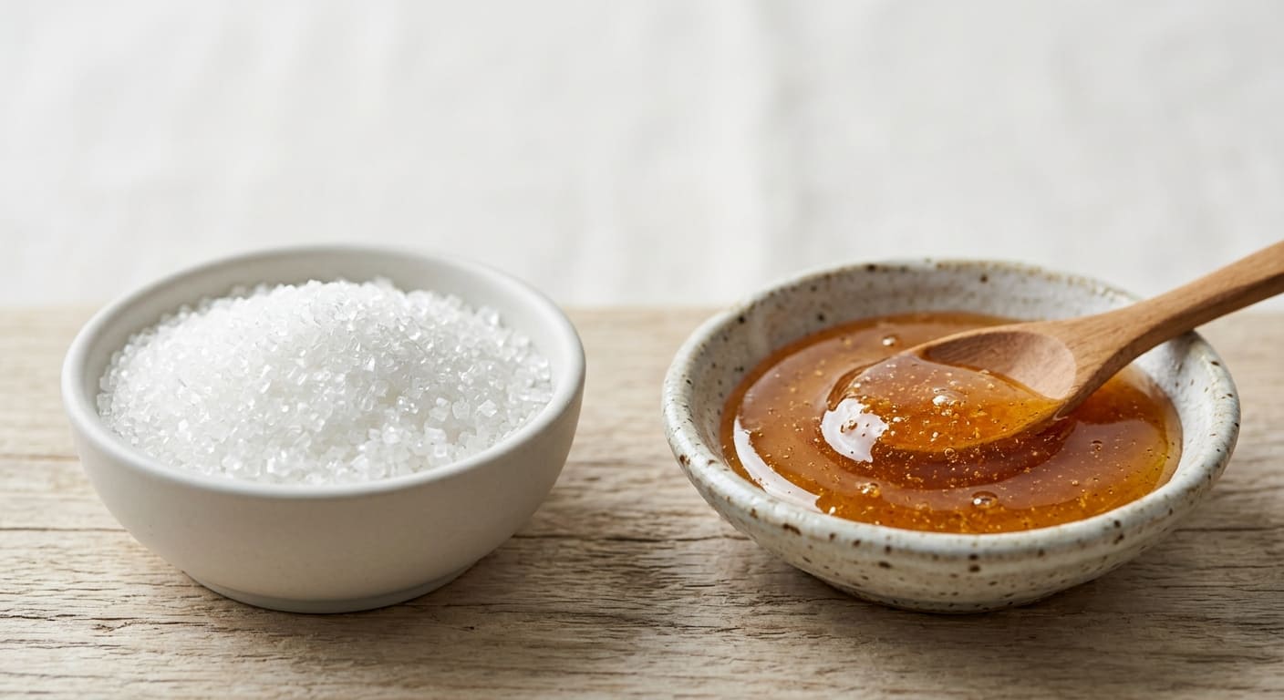 Side-by-side macro shot, white sugar crystals in a small bowl beside raw honey in a ceramic dish, soft daylight