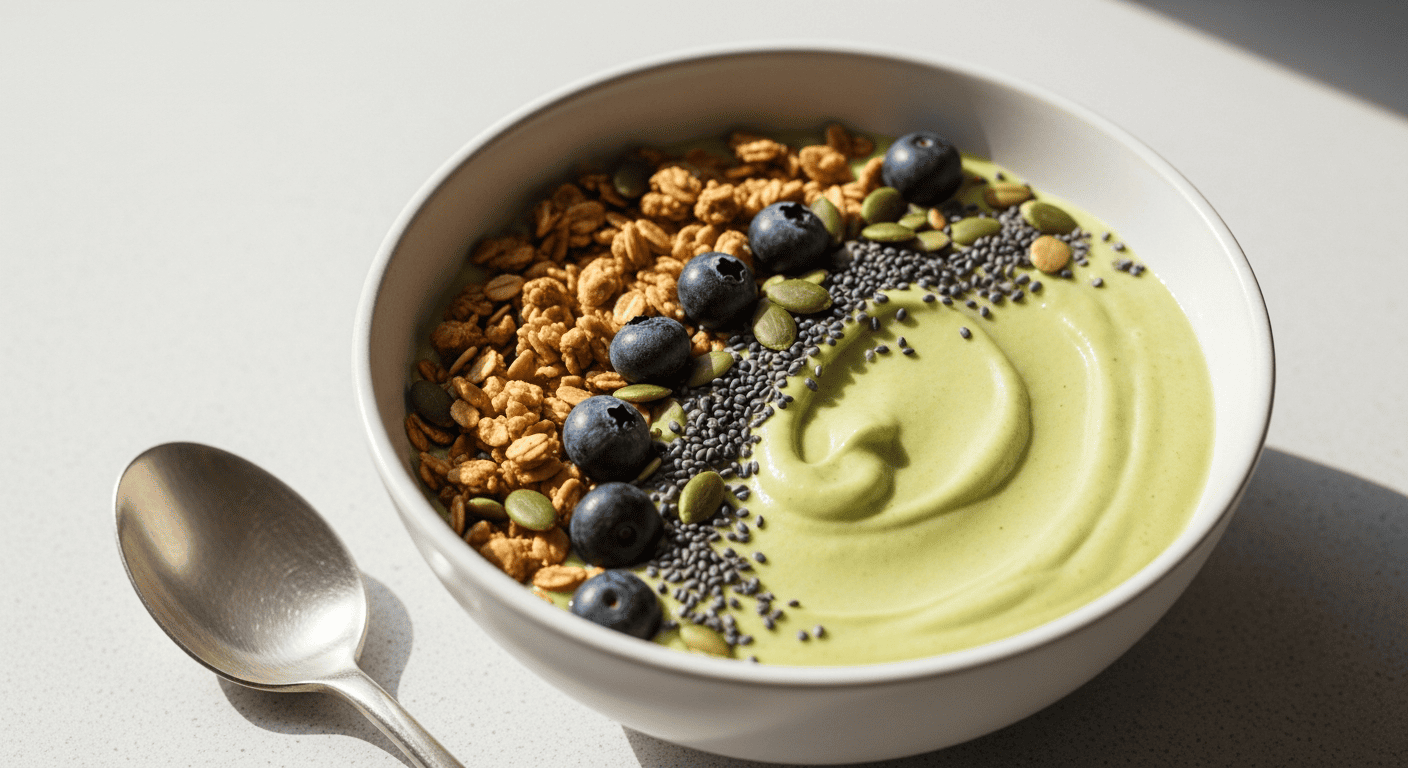 Silky pale-green avocado-lime smoothie bowl with granola, pepitas and blueberries