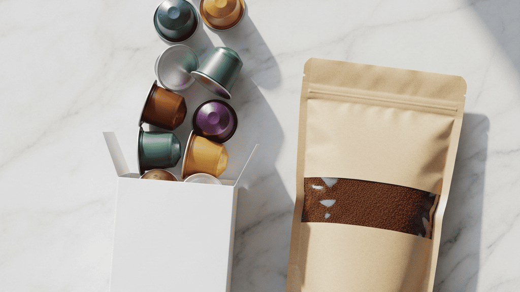 Single-serve coffee pods spilling from a box beside a bag of ground coffee