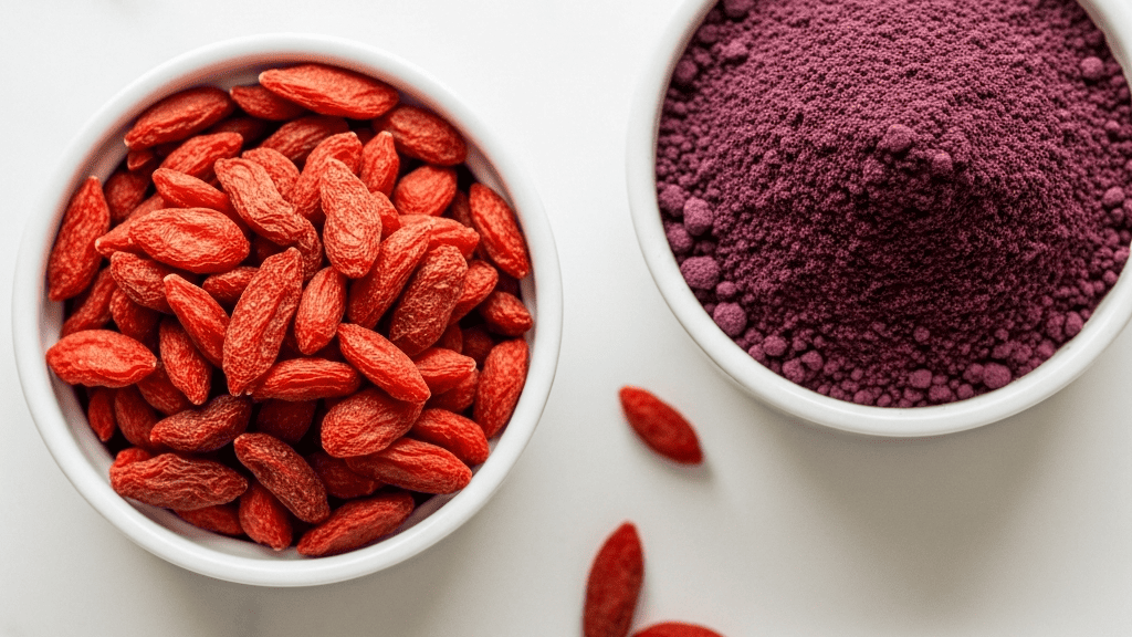 Small bowls of dried red goji berries and deep-purple açaí powder and bowl