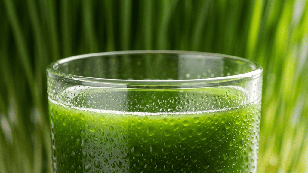 Small shot glasses of vivid green wheatgrass juice with blades of grass behind them