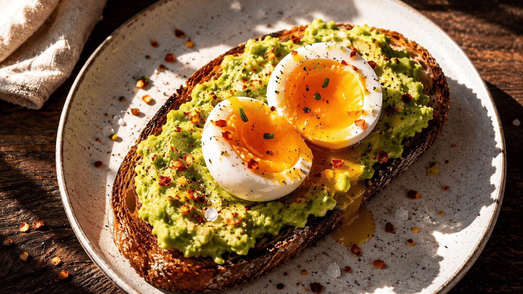 Smashed avocado toast with chili flakes and flaky salt, close-up