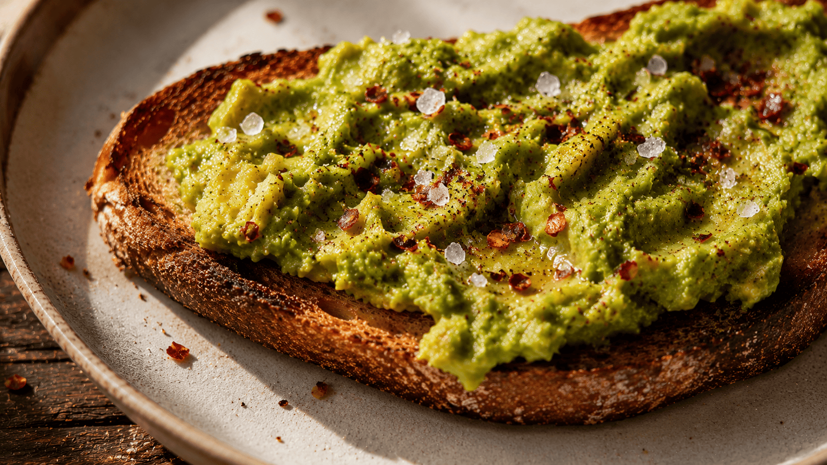 Smashed avocado toast with chili flakes and a soft-boiled egg, dark wood table, hard morning shadow