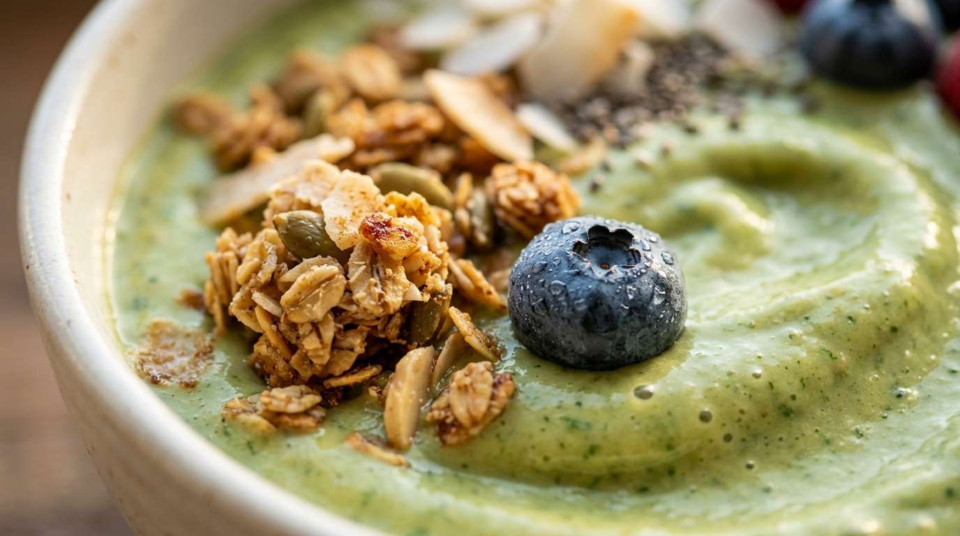 Social media-style green smoothie bowl flatlay, soft shadows, pastel aesthetic — the visual language of wellness culture