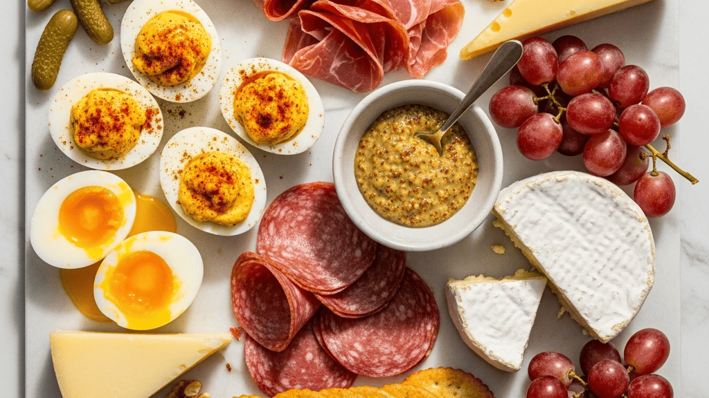 Savory egg and charcuterie board — soft-boiled and deviled eggs, folded prosciutto and salami, two cheeses, cornichons, grainy mustard, crackers, grapes and candied nuts