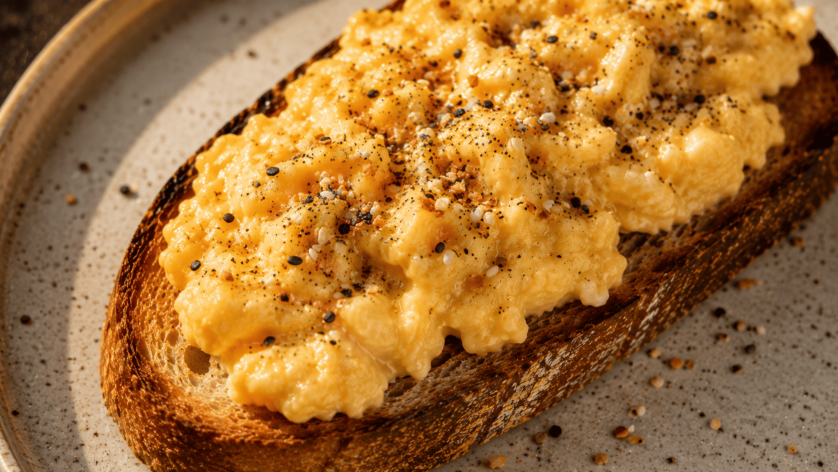 Soft scrambled egg on toast dusted with everything bagel seasoning