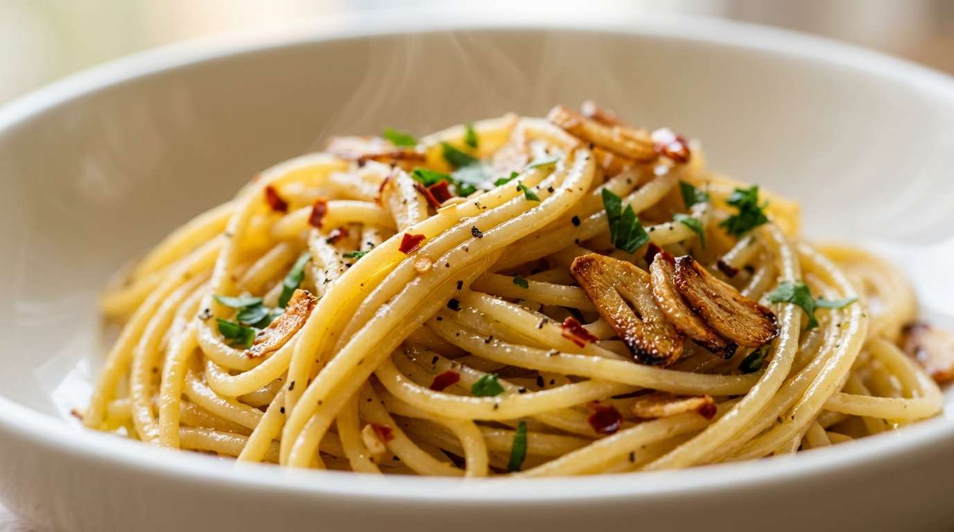 Spaghetti aglio e olio in a wide ceramic bowl, golden garlic oil coating the pasta, steam rising, soft warm light on a dark wooden table