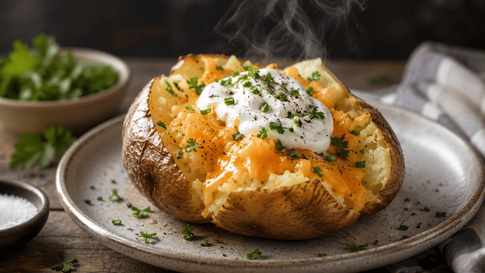Split baked potato loaded with melted cheese, a dollop of yogurt, and chopped herbs, steam rising, rustic plate