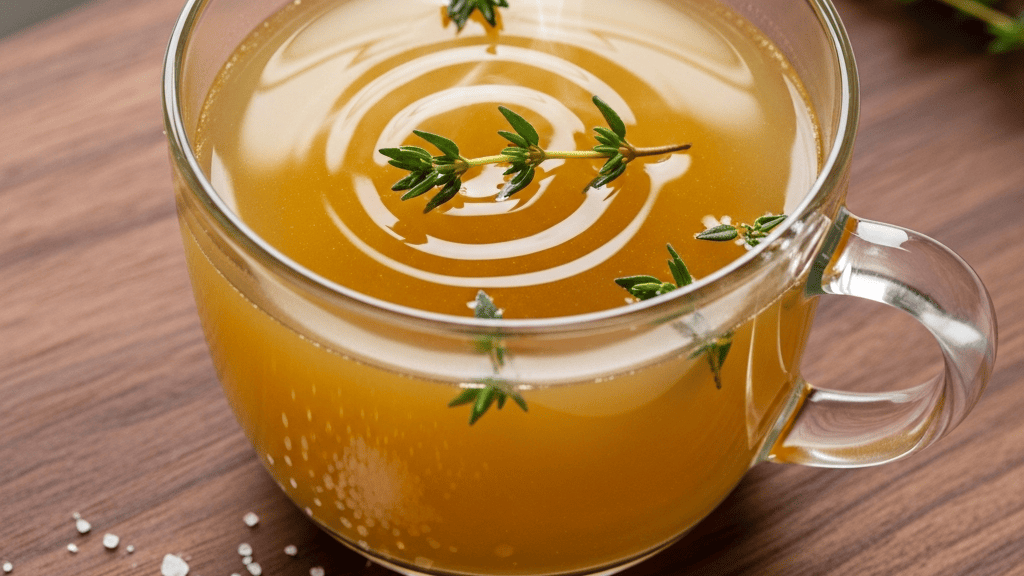 Steaming mug of golden bone broth on a wood board with herbs nearby