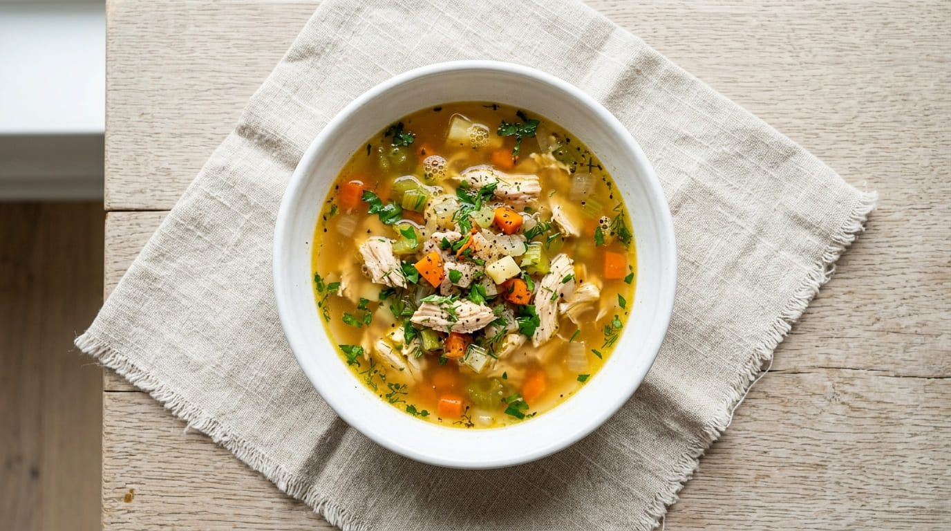 Steaming soup bowl with chunks of chicken and vegetables in golden broth, moody natural light