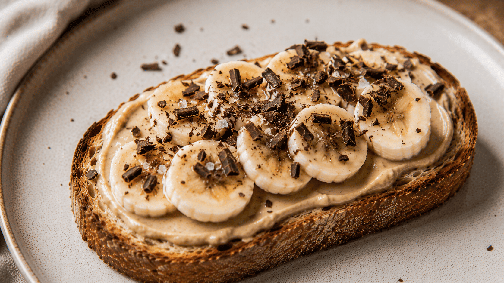 Tahini toast with banana slices and dark chocolate shavings, pinch of sea salt