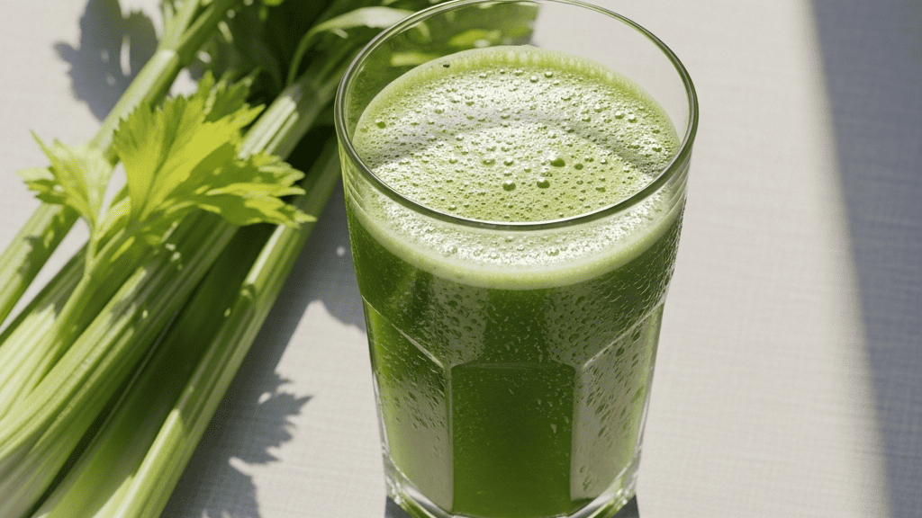 Tall glass of bright green celery juice with fresh celery stalks beside it